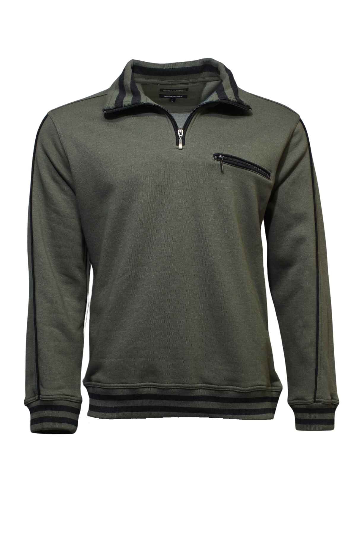 A green long-sleeved pullover, the Breakaway Kyler Snowy Mt Fleece Half Zip, featuring a quarter-zip front, a black zipper pocket on the left chest, and black trim details on the collar, cuffs, and hem. Made from soft and warm fleece, this piece is perfect for winter.