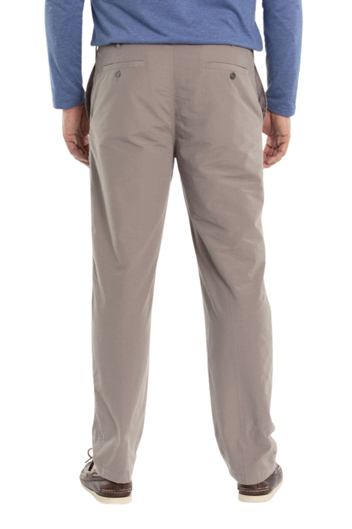 Someone is standing with their back to the camera against a plain white background, wearing Breakaway Woodbury Pull On Pants in light brown with an elastic waist, a blue long-sleeve shirt, and brown shoes.