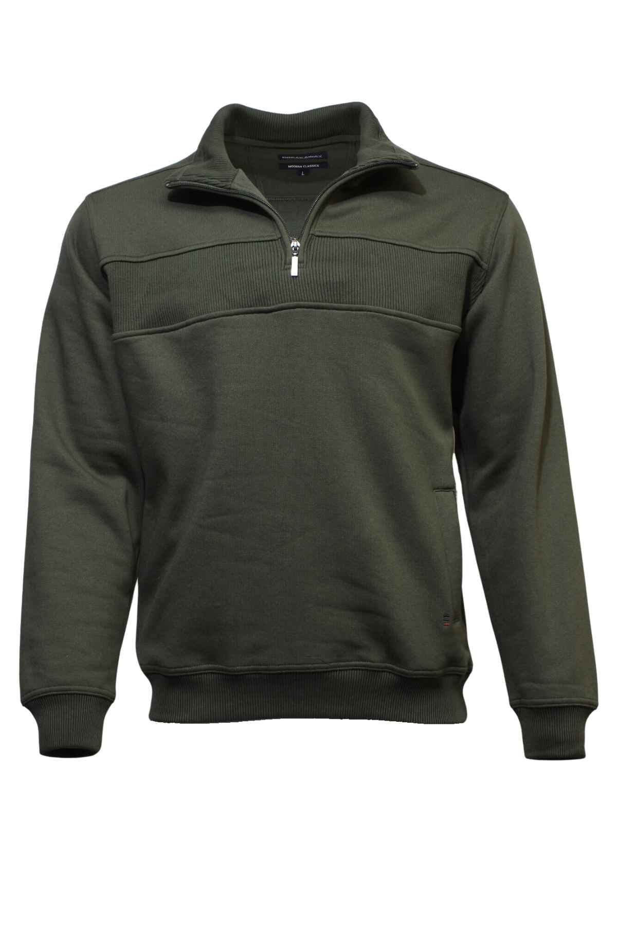 The Breakaway Zed Snowy Mt Fleece Half Zip sweater is a dark green, long-sleeve pullover featuring a half-zip front and high collar, complete with ribbed cuffs, waistband, and shoulder panel for added texture.