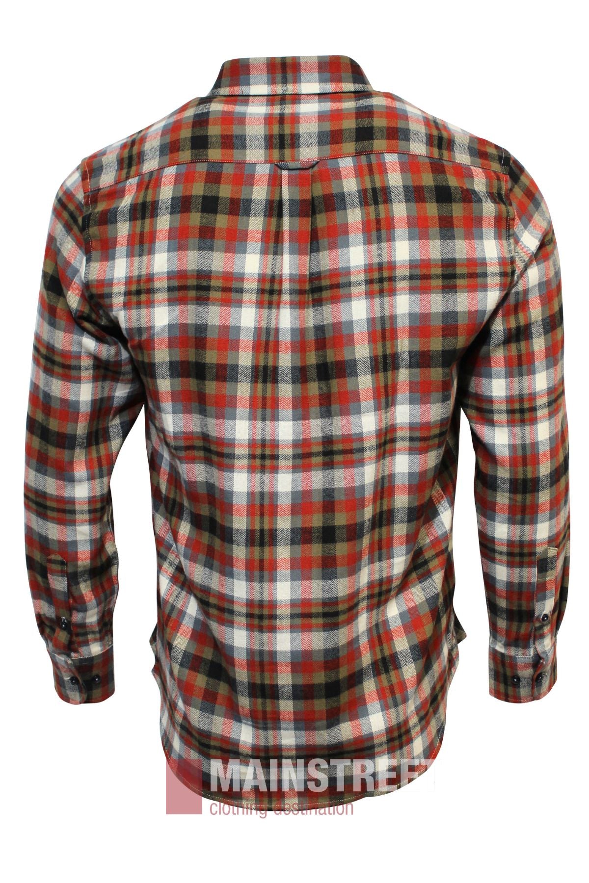 Back view of the Bridgeport Brushed Cotton Check Shirt, a long-sleeve, button-cuff shirt with a classic red, white, black, and green plaid pattern. Displayed on a plain white background.