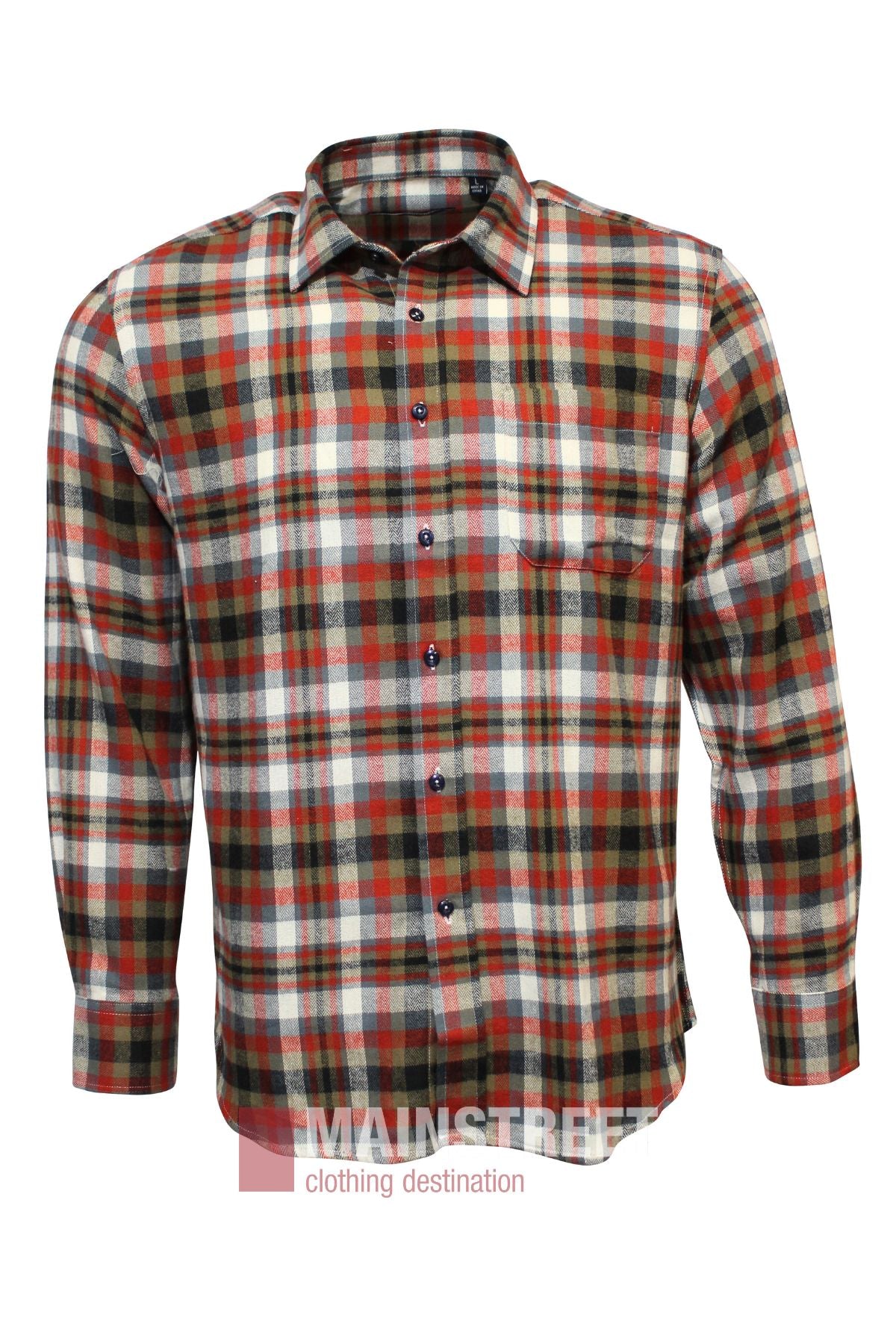 The Bridgeport Brushed Cotton Check Shirt is a long-sleeve, button-up shirt with a red, green, black, and white check pattern. It features a chest pocket and a classic collar for timeless style.