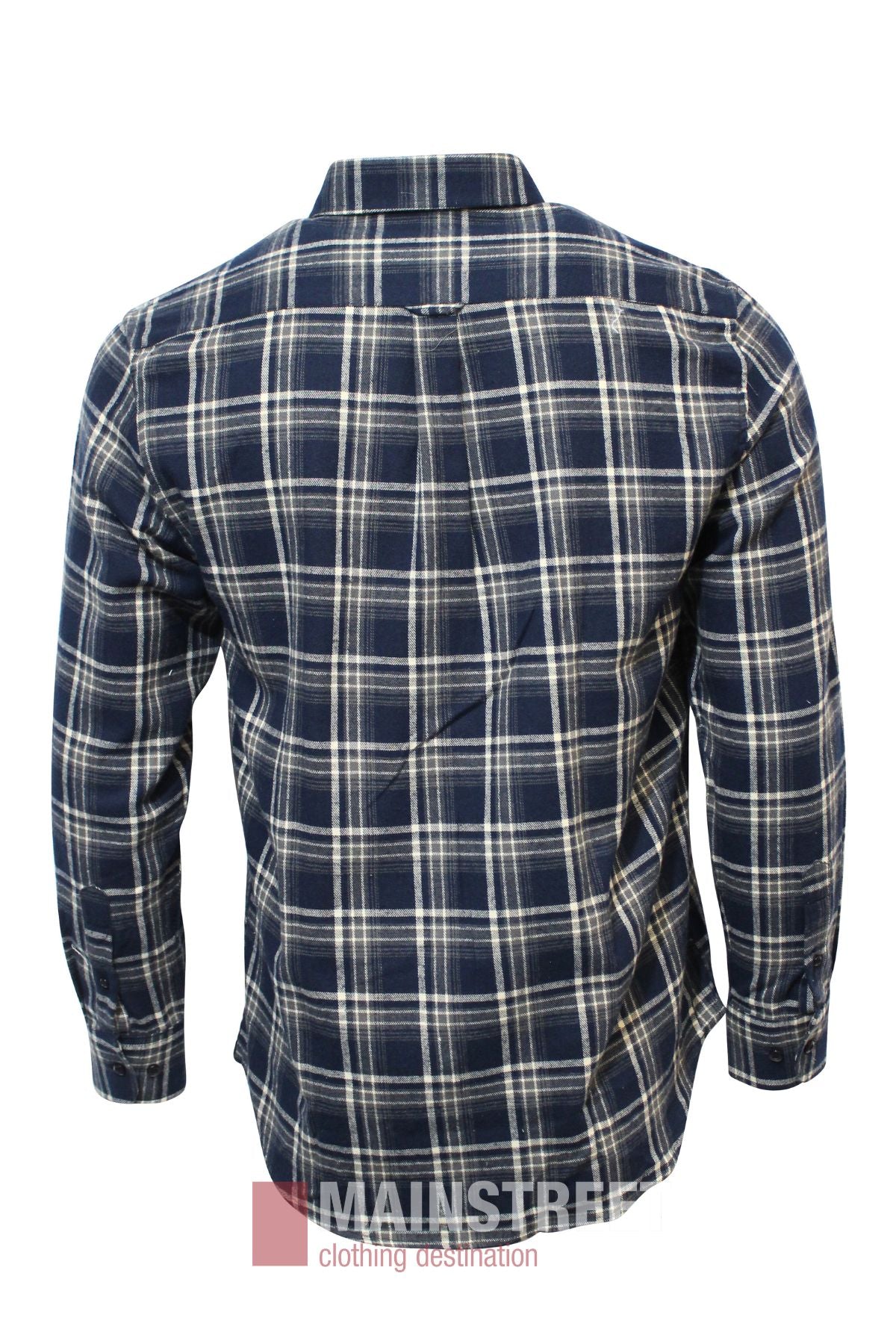 The Bridgeport Brushed Cotton Check Shirt, in navy blue and white plaid, is shown from the back with a classic collar and buttoned cuffs against a white background.