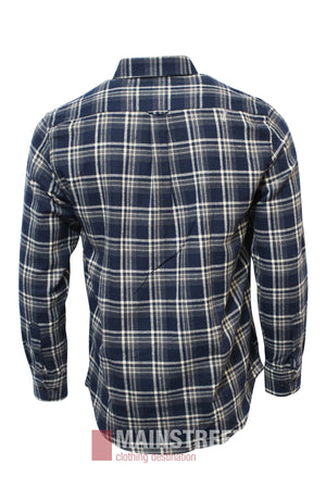 The Bridgeport Brushed Cotton Check Shirt, in navy blue and white plaid, is shown from the back with a classic collar and buttoned cuffs against a white background.