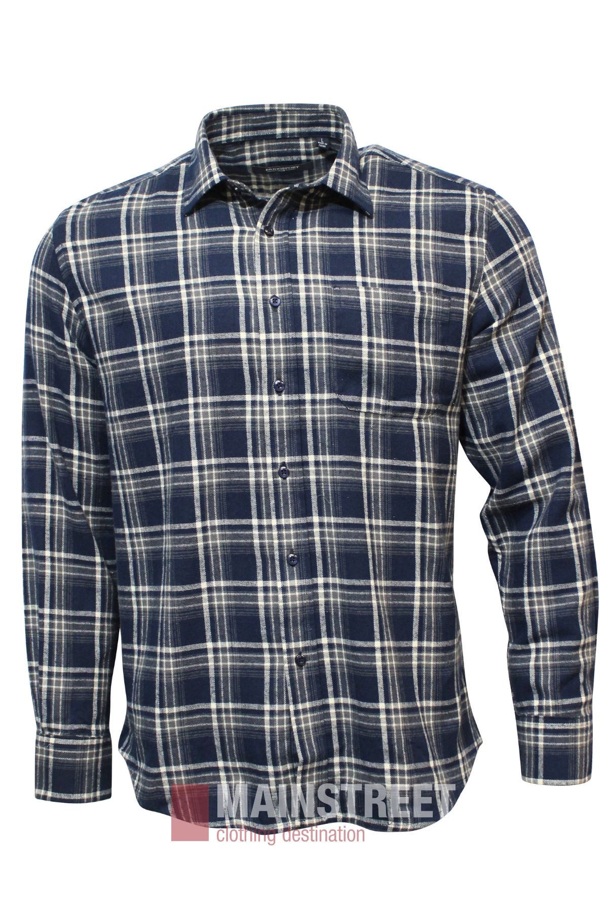 The Bridgeport Brushed Cotton Check Shirt features a classic navy blue and white check pattern in a button-up, long sleeve style, shown against a plain white background.