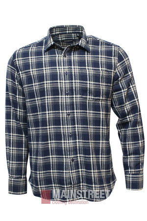 The Bridgeport Brushed Cotton Check Shirt features a classic navy blue and white check pattern in a button-up, long sleeve style, shown against a plain white background.