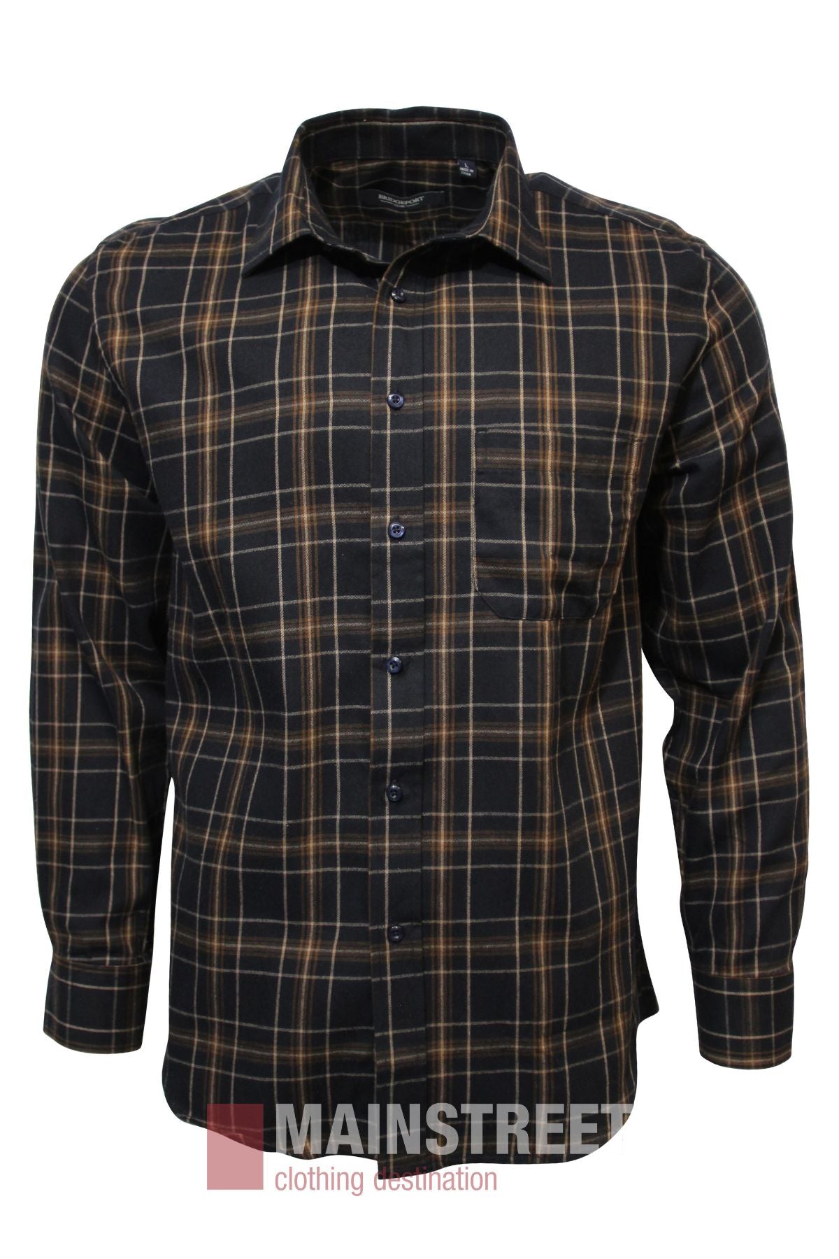 The image shows the Bridgeport Brushed Cotton Check Shirt—a black long-sleeve button-up with a brown classic check pattern and chest pocket—featuring the "MAINSTREET clothing destination" logo at the bottom.