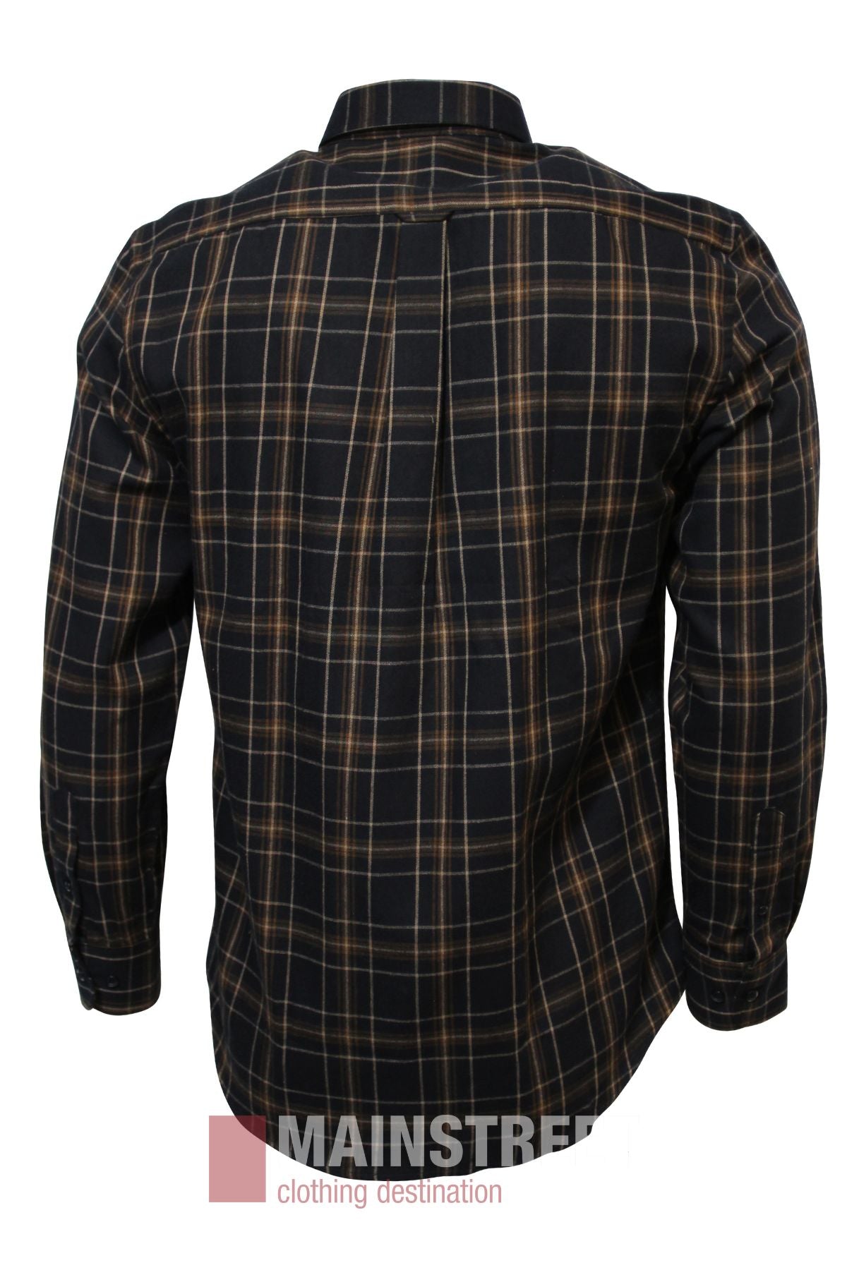 The Bridgeport Brushed Cotton Check Shirt is a long-sleeved, black shirt with a brown and beige classic check pattern, classic collar, and buttoned cuffs, shown from the back on a white background.