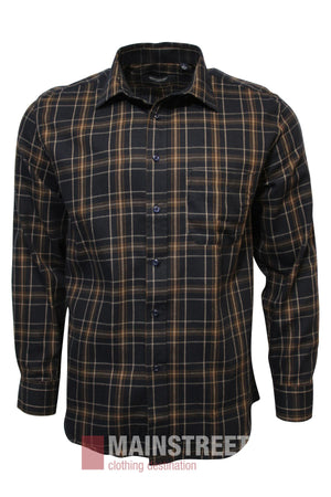 The image shows the Bridgeport Brushed Cotton Check Shirt—a black long-sleeve button-up with a brown classic check pattern and chest pocket—featuring the "MAINSTREET clothing destination" logo at the bottom.