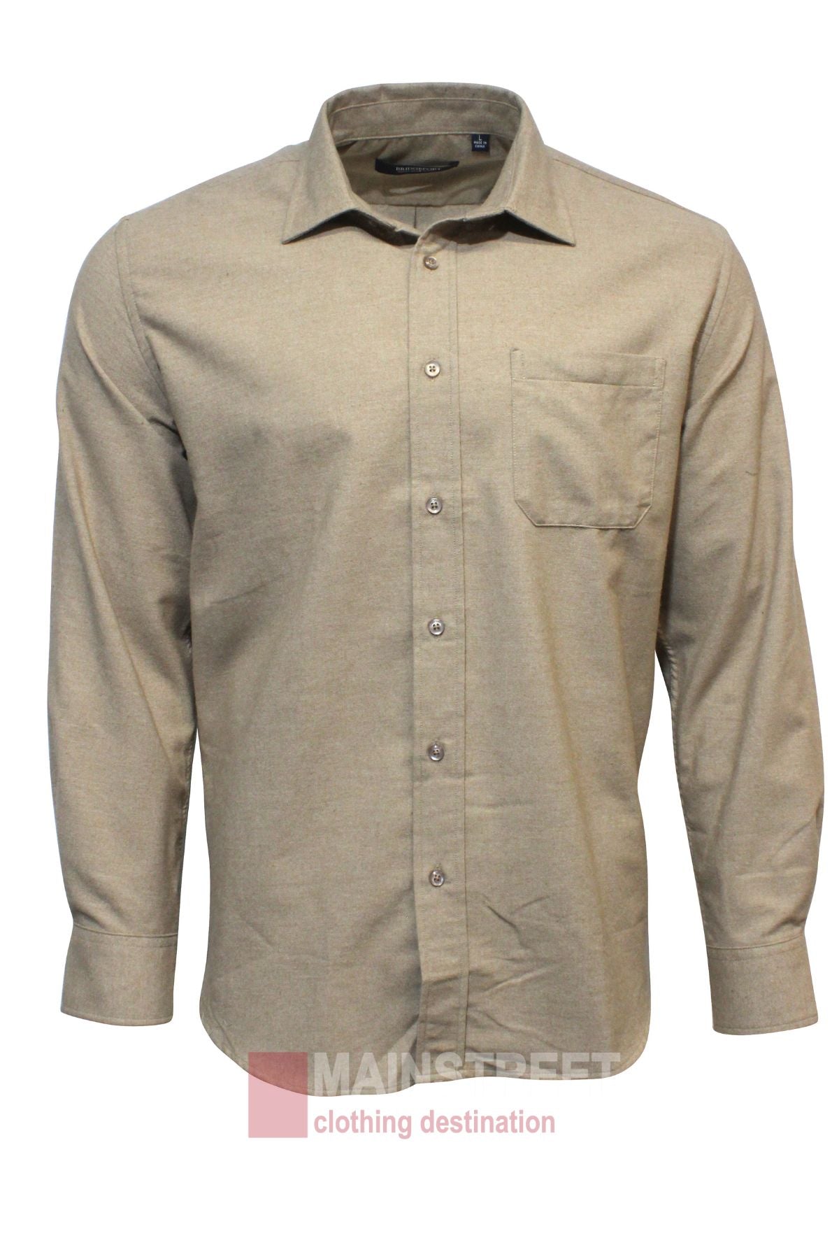 The Bridgeport Brushed Cotton Shirt in beige features long sleeves, a collar, chest pocket, and adjustable cuffs. Displayed on a white background, this breathable shirt is perfect for both casual and formal occasions.
