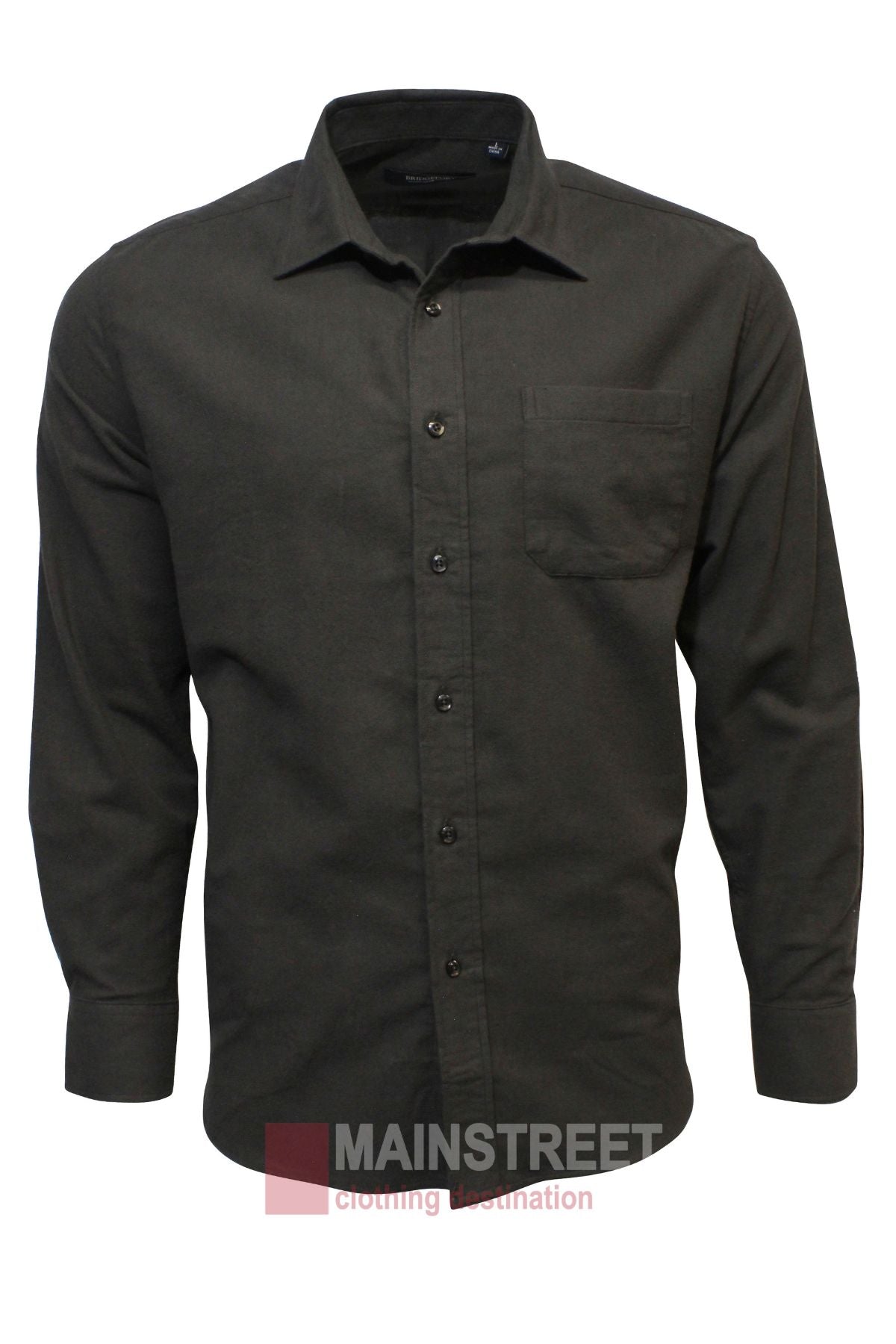 The Bridgeport Brushed Cotton Shirt is an ultra-soft, long-sleeved, dark grey button-up with a chest pocket, classic collar, visible front buttons, and adjustable cuffs. Displayed on a white background.