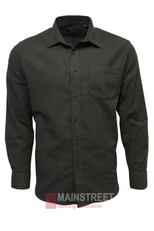 The Bridgeport Brushed Cotton Shirt is an ultra-soft, long-sleeved, dark grey button-up with a chest pocket, classic collar, visible front buttons, and adjustable cuffs. Displayed on a white background.