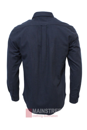The Bridgeport Brushed Cotton Shirt is shown from the back in dark navy. Featuring a collar, adjustable cuffs, and a centered back pleat for improved fit, it’s displayed against a white background.