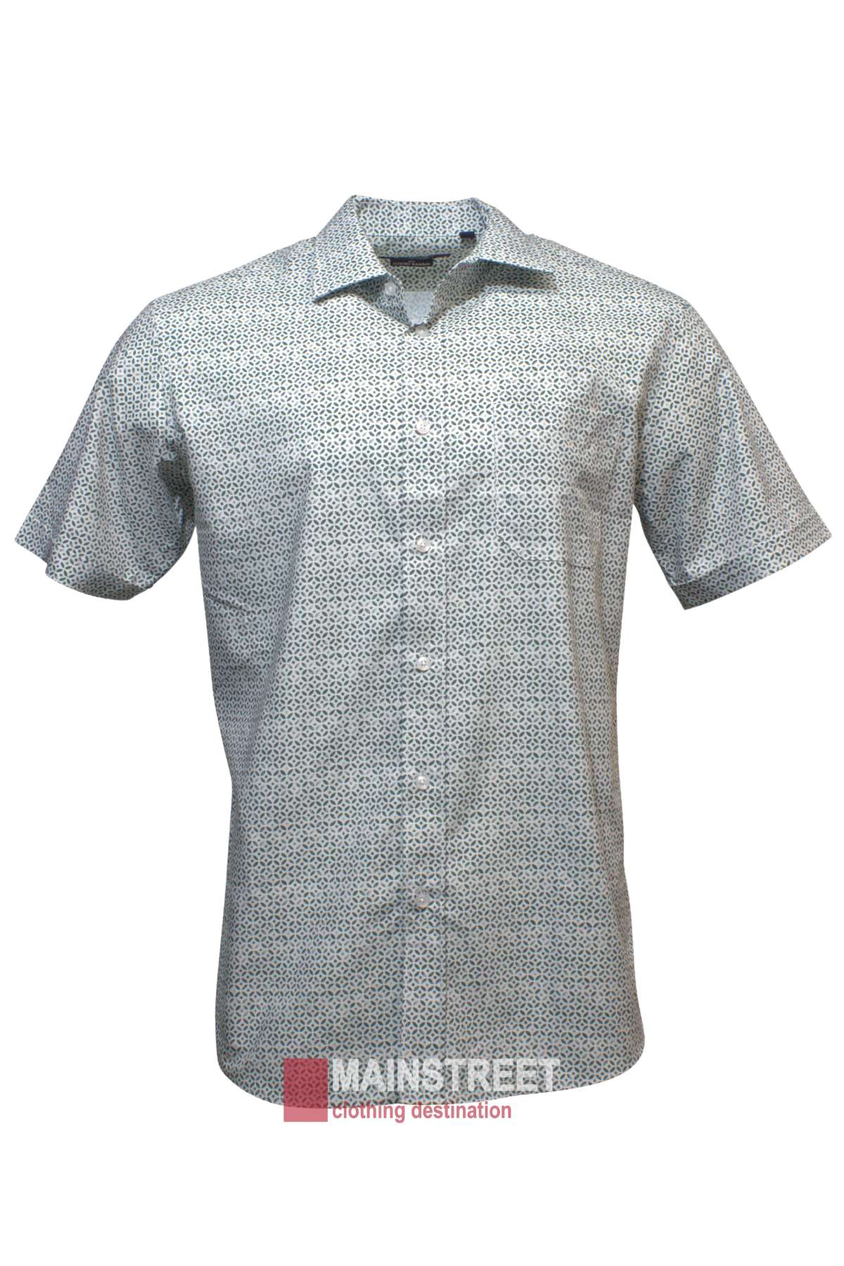 The Bridgeport Club Woven Bamboo Short Sleeve Shirt displays a subtle geometric design on a white background. It features a red and gray "Mainstreet Clothing Destination" logo at the bottom and is showcased against a plain backdrop.