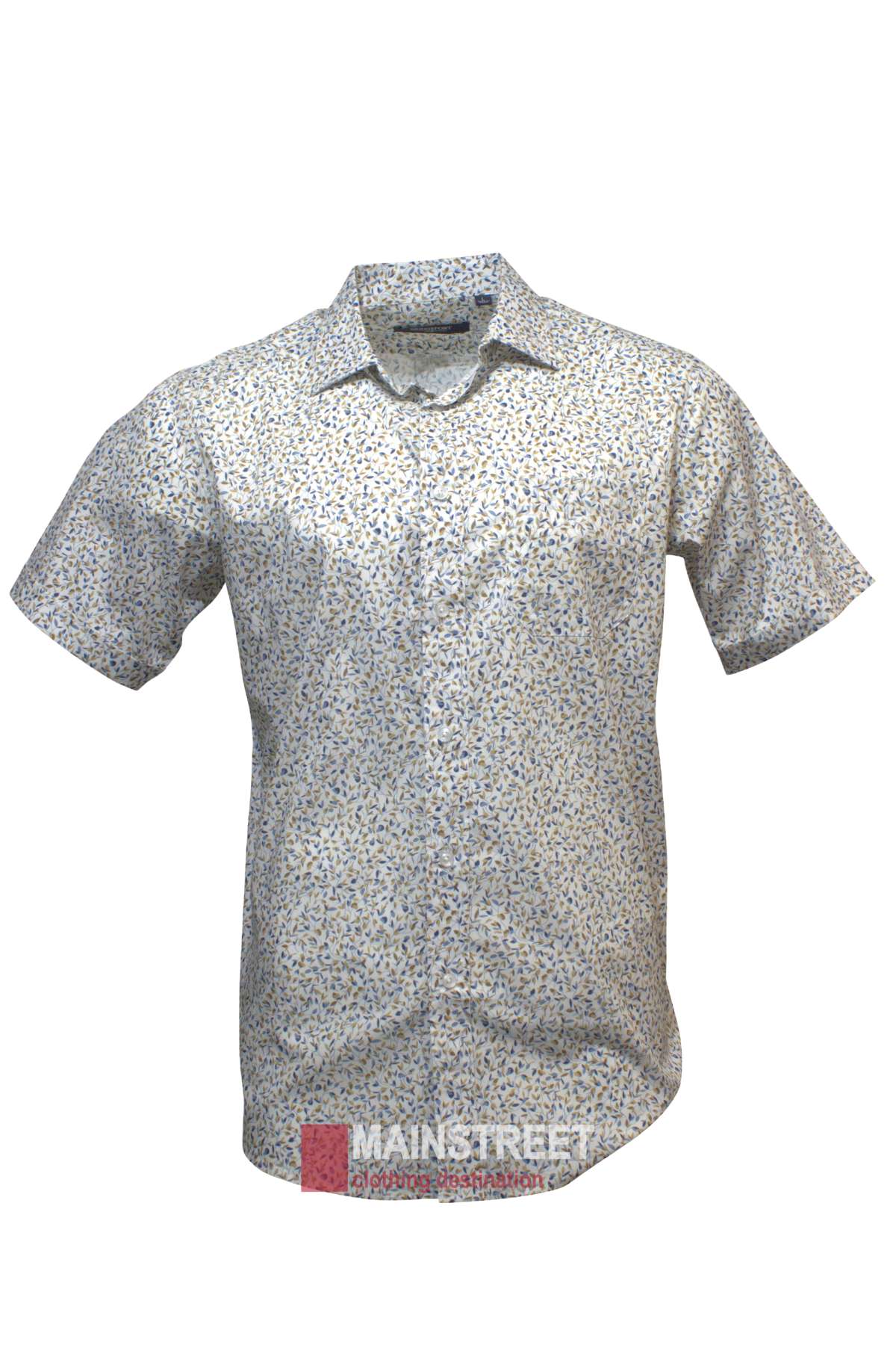 The Bridgeport Club Woven Cotton Stretch Short Sleeve Shirt features a white base with a small blue and beige floral print, shown on a plain white background.