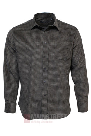 The Bridgeport Cord Shirt is a black long-sleeve micro cord shirt with a small dot pattern and single chest pocket. Made from premium fabric for luxurious comfort, it's shown on a plain white background.