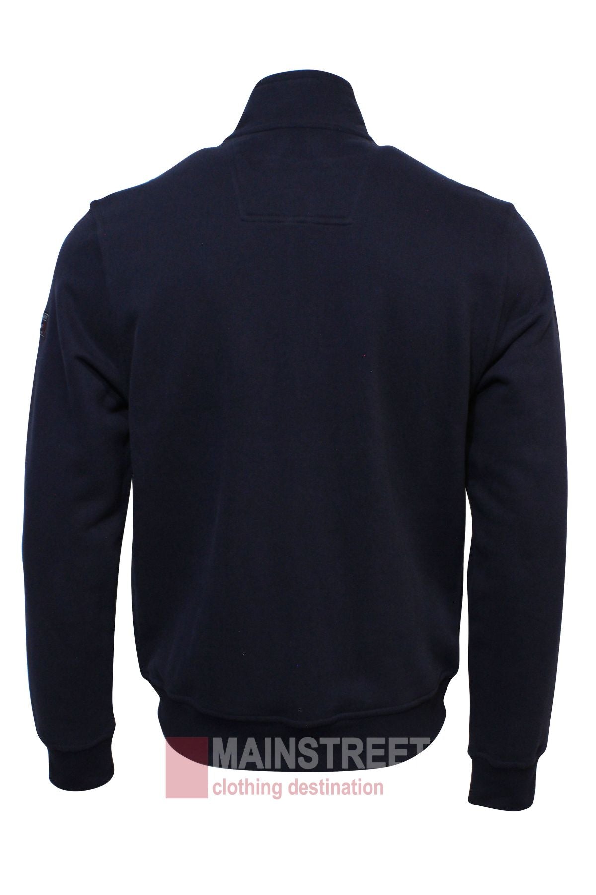 The image shows the back of the Bridgeport Full Zip Alpine Fleece in navy blue, featuring ribbed cuffs and waistband. "MAINSTREET clothing destination" is watermarked at the bottom center.