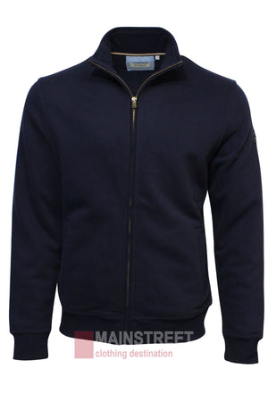 The Bridgeport Full Zip Alpine Fleece is a navy alpine jacket with a stand collar, long sleeves, and side pockets—ideal for outdoor adventures. Shown on a white background with the Mainstreet Clothing Destination logo at the bottom.