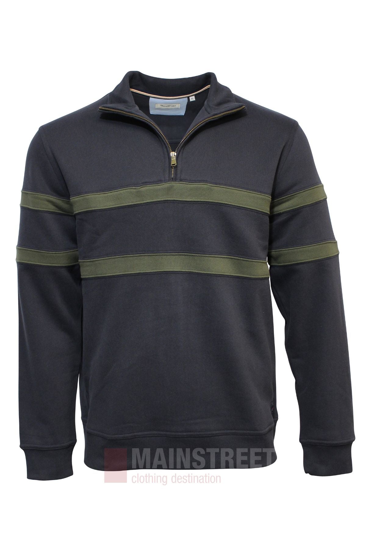 The Bridgeport Half Zip Alpine Fleece, in navy blue with olive green stripes on the chest and sleeves, is shown on a white background. Check our half chest measurement chart or contact customer service for sizing.