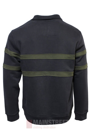 The Bridgeport Half Zip Alpine Fleece in black, shown from the back with two olive green stripes across the upper and middle sections. For sizing, check our half chest measurement guide. Image watermarked: "MAINSTREET clothing destination.