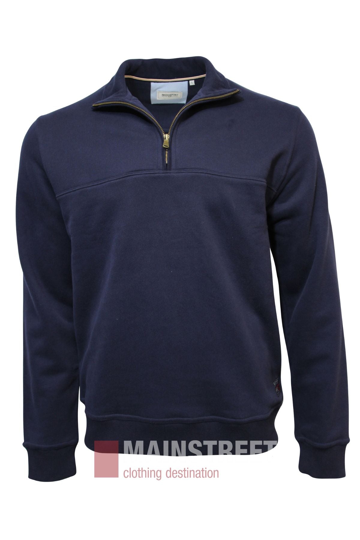 The Bridgeport Half Zip Alpine Fleece is a navy blue pullover with a quarter-zip collar and ribbed cuffs and hem, shown on a plain white background. The Mainstreet Clothing Destination logo appears at the bottom.