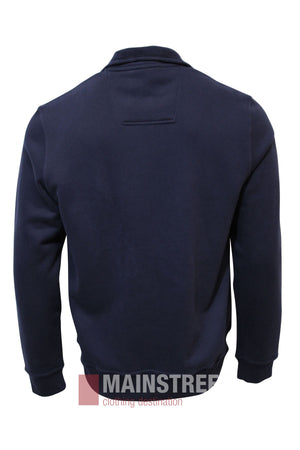 A navy blue Bridgeport Half Zip Alpine Fleece, shown from the back with a collar and ribbed cuffs. The MAINSTREET Clothing Destination logo appears at the bottom of the image.