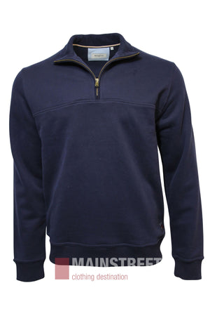 The Bridgeport Half Zip Alpine Fleece is a navy blue pullover with a quarter-zip collar and ribbed cuffs and hem, shown on a plain white background. The Mainstreet Clothing Destination logo appears at the bottom.