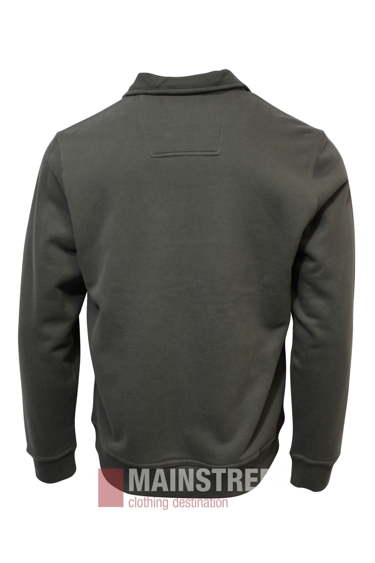 A dark grey Bridgeport Half Zip Alpine Fleece sweatshirt is shown from the back, featuring a simple collar, ribbed cuffs, and the MAINSTREET clothing destination logo at the bottom of the image.