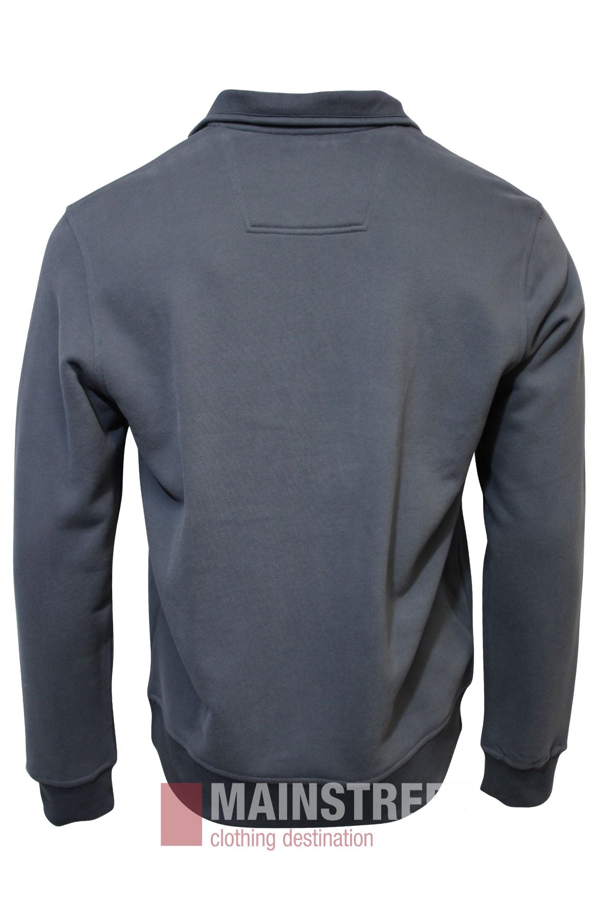 The Bridgeport Half Zip Alpine Fleece is displayed from the back, featuring ribbed cuffs and waistband, with a rectangular stitch detail below the collar. A "Mainstreet" watermark appears at the bottom of the image.