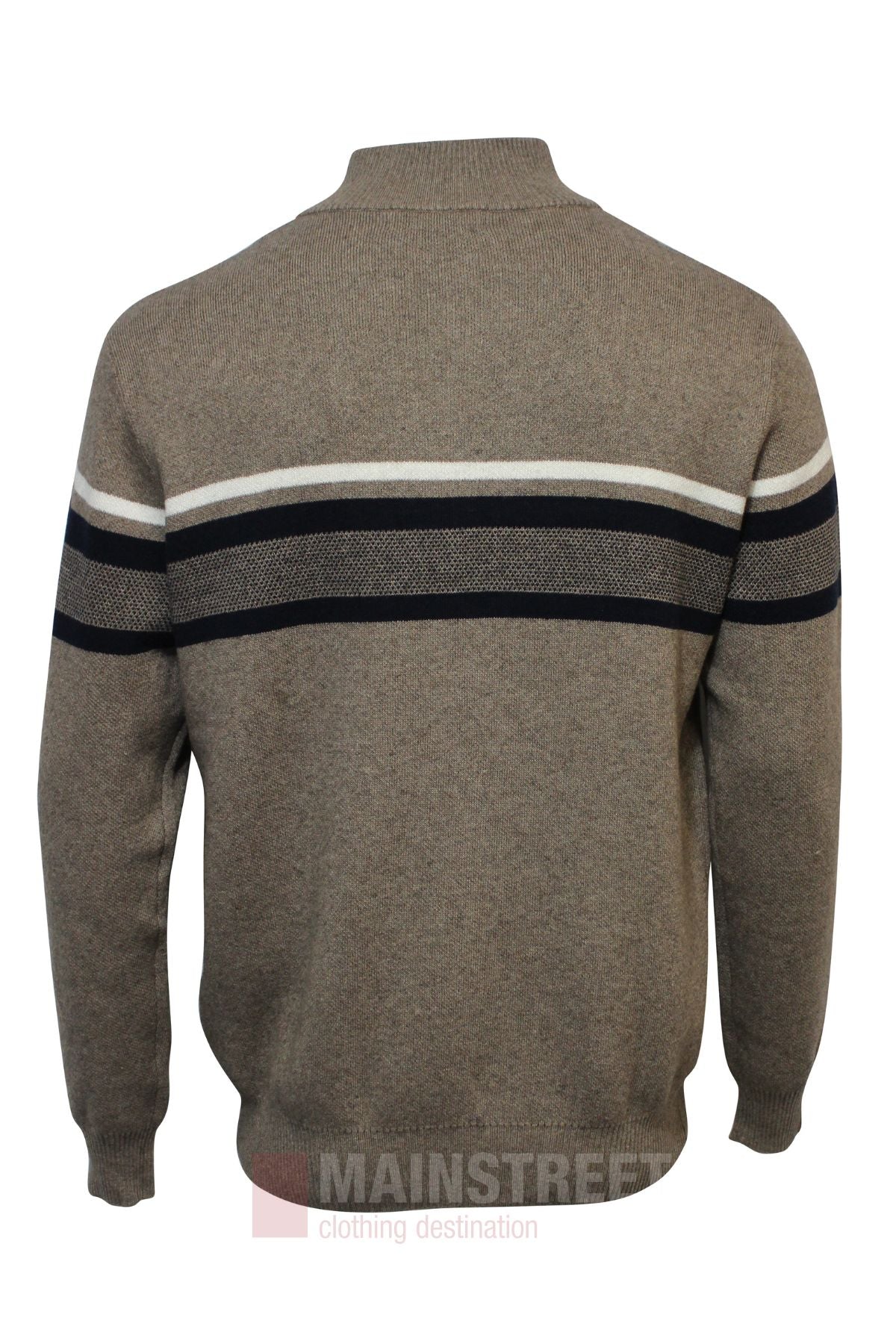 The Bridgeport Half Zip Wool Blend Stripe Knit is a brown long-sleeve sweater with a high collar and horizontal black and white stripes on the upper back and arms. It features ribbed cuffs and waistband for comfort, crafted from a wool blend knit.