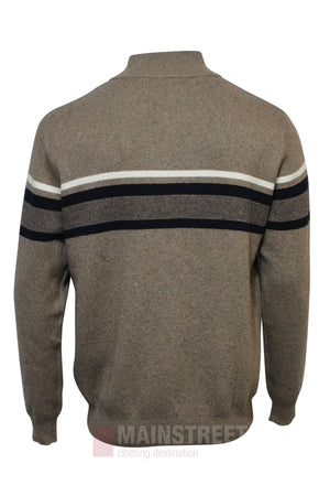 The Bridgeport Half Zip Wool Blend Stripe Knit is a brown long-sleeve sweater with a high collar and horizontal black and white stripes on the upper back and arms. It features ribbed cuffs and waistband for comfort, crafted from a wool blend knit.