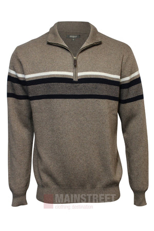 The Bridgeport Half Zip Wool Blend Stripe Knit is a men’s sweater with white and dark blue horizontal stripes on the chest and upper arms, plus ribbed cuffs and hem for a classic look.