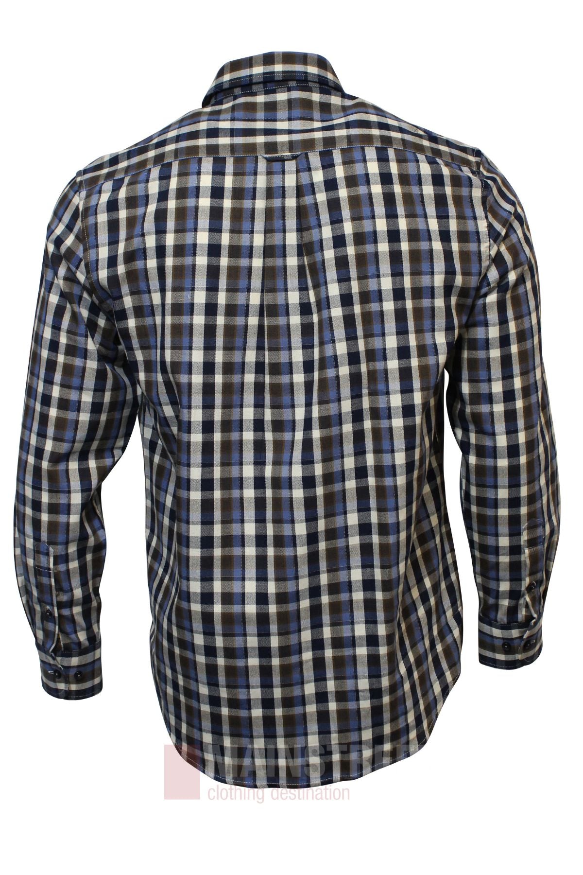 The Bridgeport Premium Cotton Check Shirt is shown from the back with blue, black, and white plaid, a collar, and buttoned cuffs. Crafted from premium cotton, it combines comfort with timeless style.