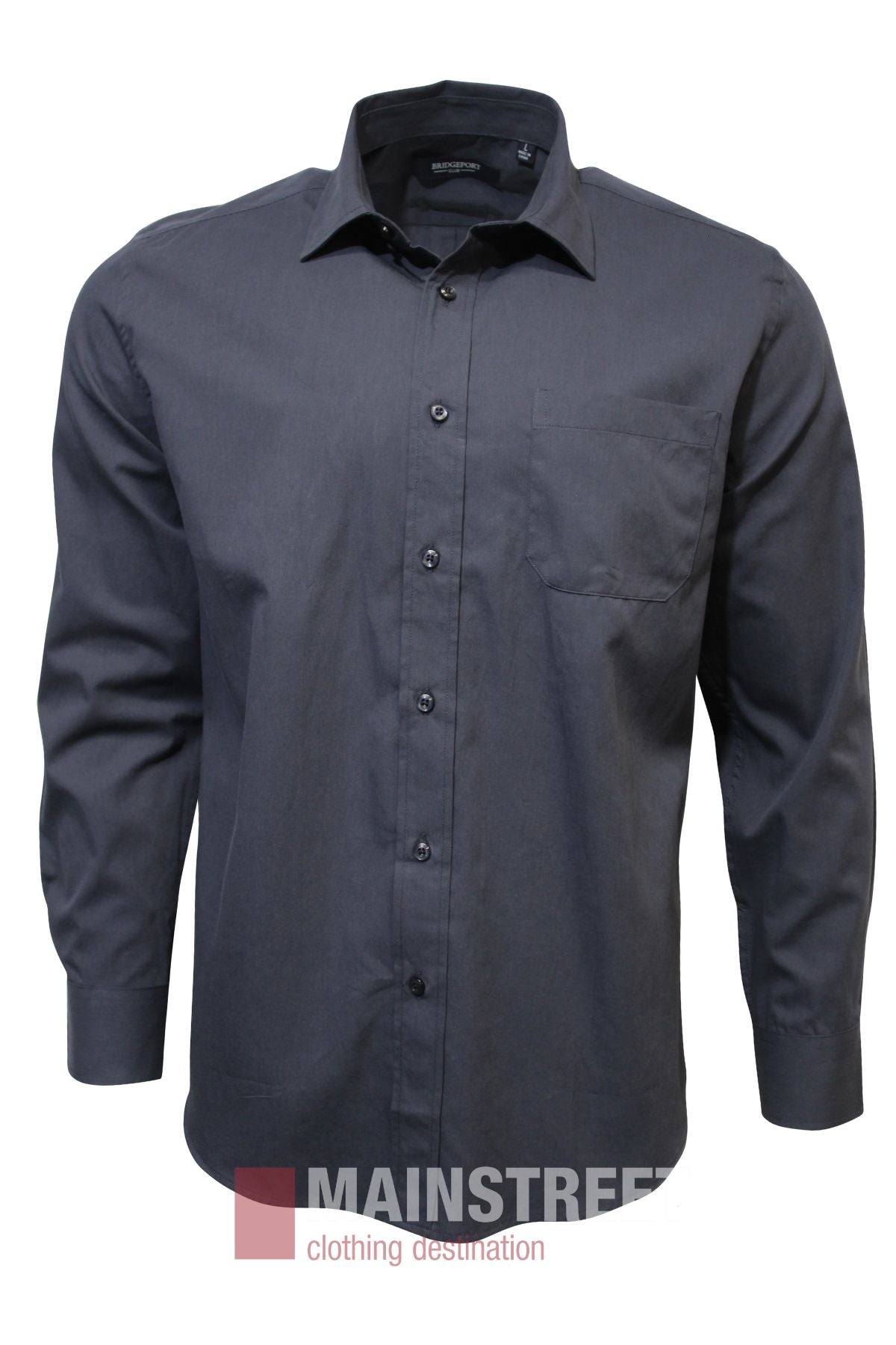 The Bridgeport Premium Cotton Shirt is a long-sleeved, button-up dark gray dress shirt with a chest pocket, shown on a white background. "Mainstreet clothing destination" logo appears at the bottom. See our size guide for ideal half chest fit.