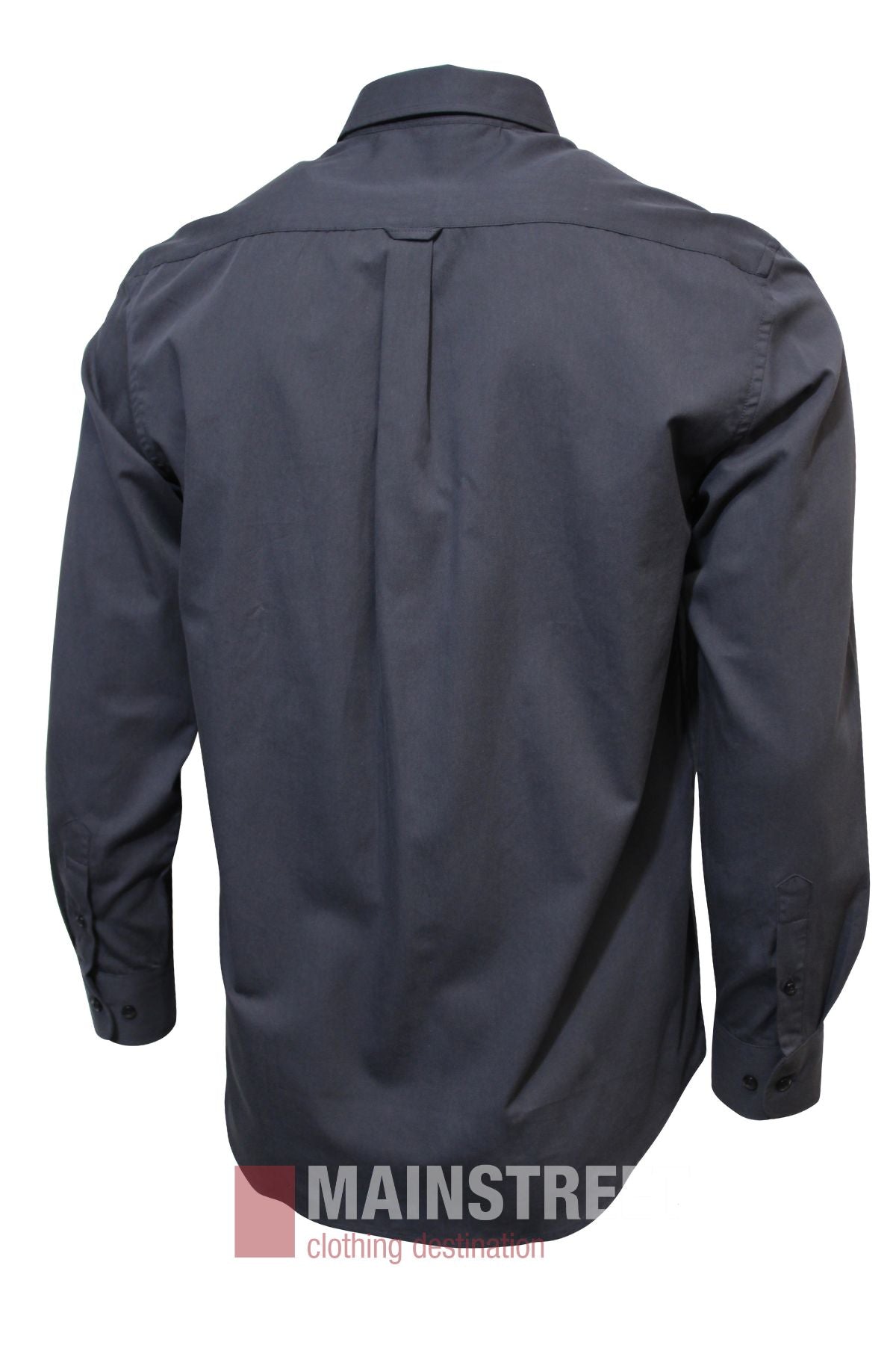 The Bridgeport Premium Cotton Shirt is shown from the back in dark gray with long sleeves, collar, center pleat, and buttoned cuffs. For best fit, see the size guide's half chest measurement. "MAINSTREET clothing destination" logo displayed below.