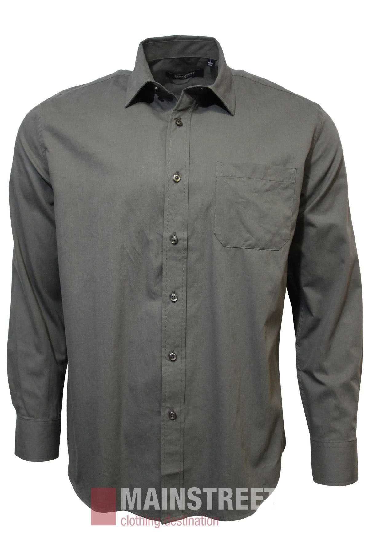 The Bridgeport Premium Cotton Shirt—plain gray, long-sleeve, button-up with a chest pocket—is displayed on a mannequin against a white background. For the perfect fit, check our size guide. MAINSTREET clothing destination logo shown below.