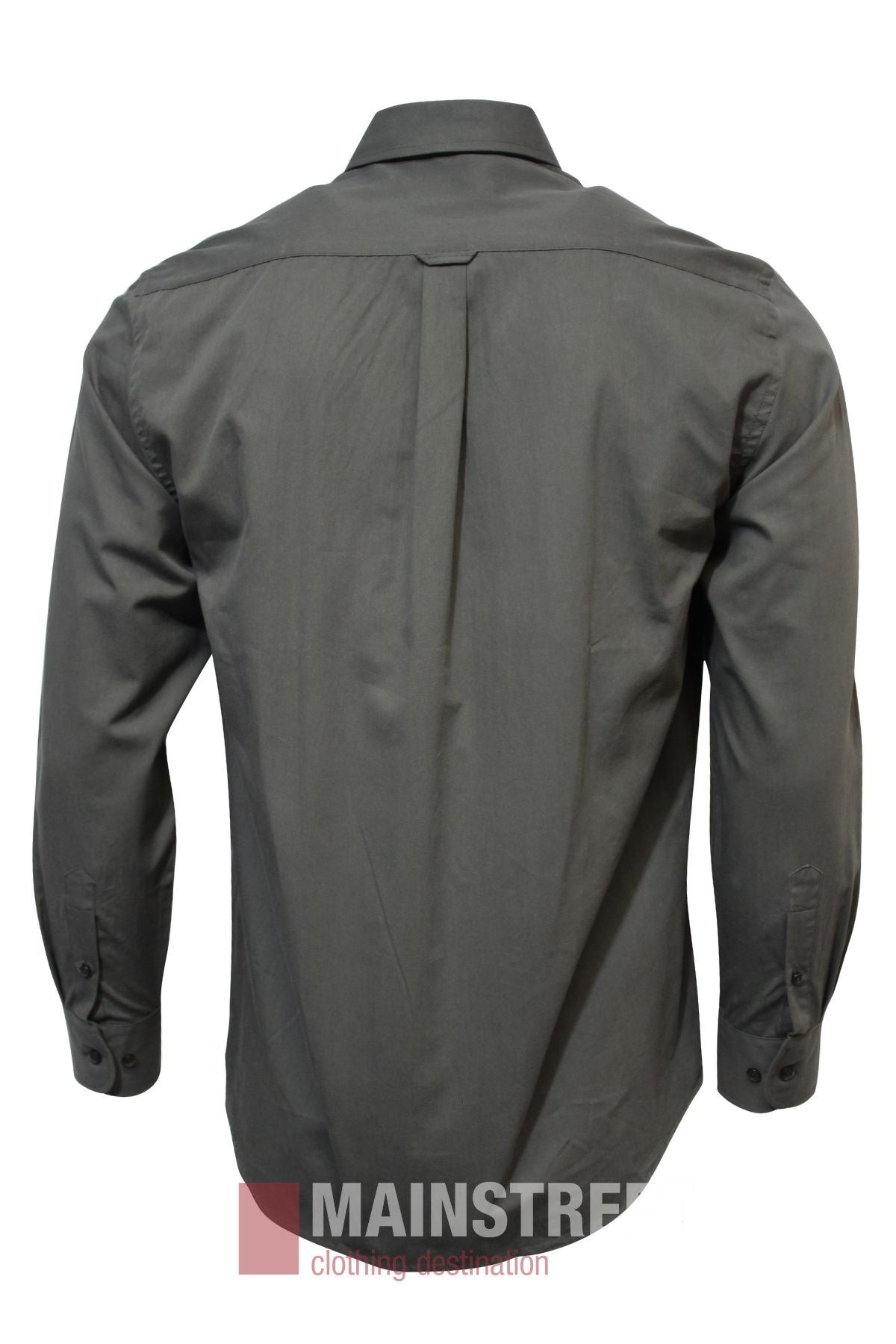 The Bridgeport Premium Cotton Shirt is a plain, long-sleeved, dark gray button-up shown from the back with visible seams and buttoned cuffs. Check our size guide for half chest measurements. Displayed on a white background with a faint bottom watermark.