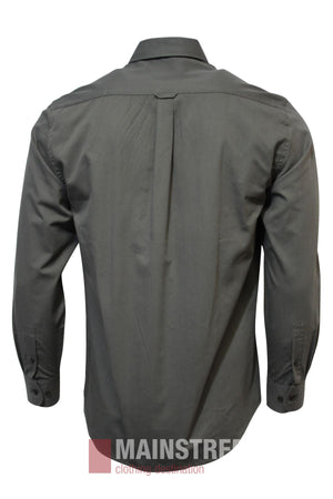 The Bridgeport Premium Cotton Shirt is a plain, long-sleeved, dark gray button-up shown from the back with visible seams and buttoned cuffs. Check our size guide for half chest measurements. Displayed on a white background with a faint bottom watermark.