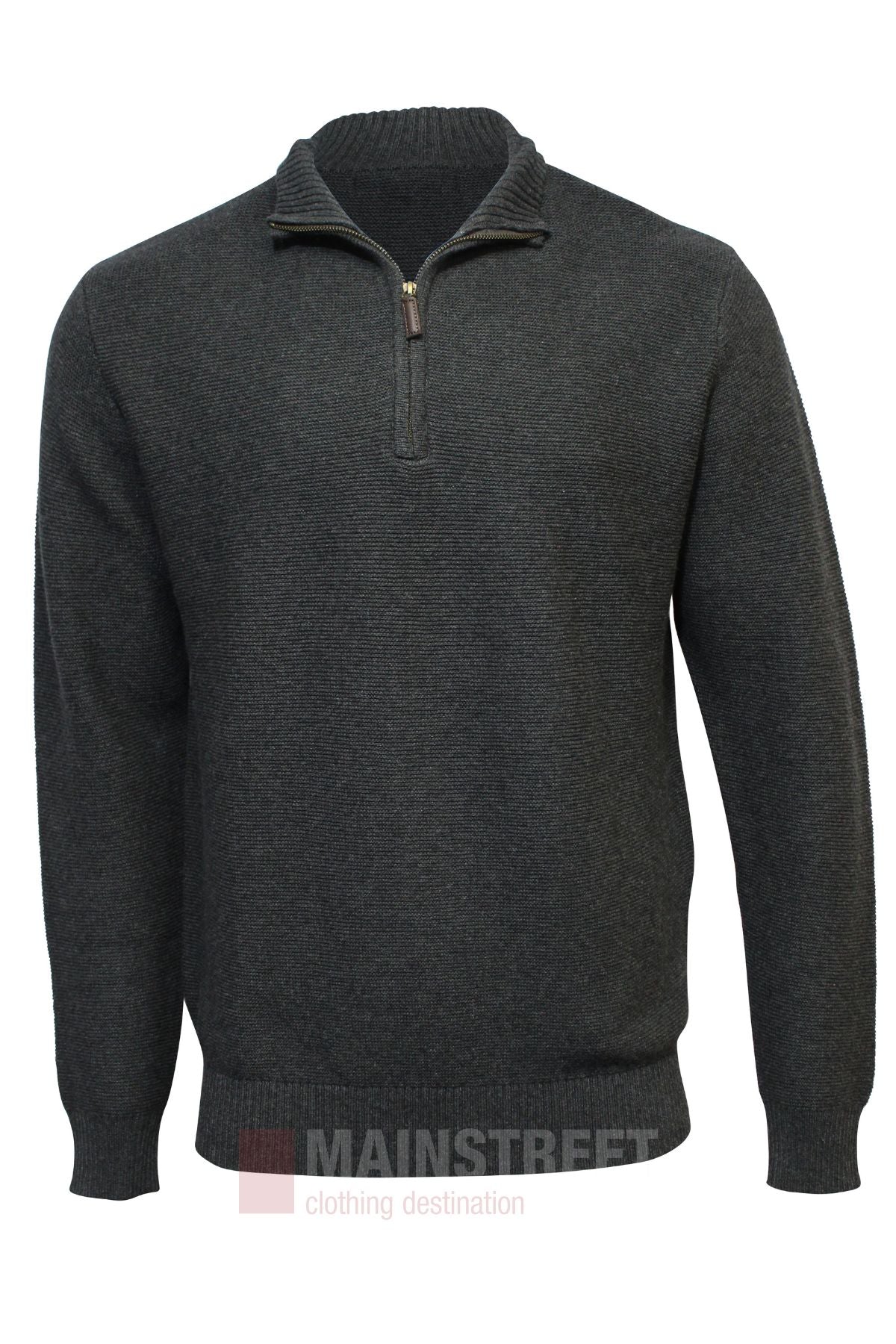 The Bridgeport Wool Blend Half Zip Knit in dark gray features long sleeves and ribbed cuffs, hem, and collar. Displayed on a plain white background with the "MAINSTREET clothing destination" logo, it’s ideal for smart-casual outfits.