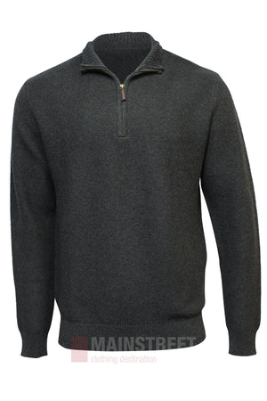The Bridgeport Wool Blend Half Zip Knit in dark gray features long sleeves and ribbed cuffs, hem, and collar. Displayed on a plain white background with the "MAINSTREET clothing destination" logo, it’s ideal for smart-casual outfits.