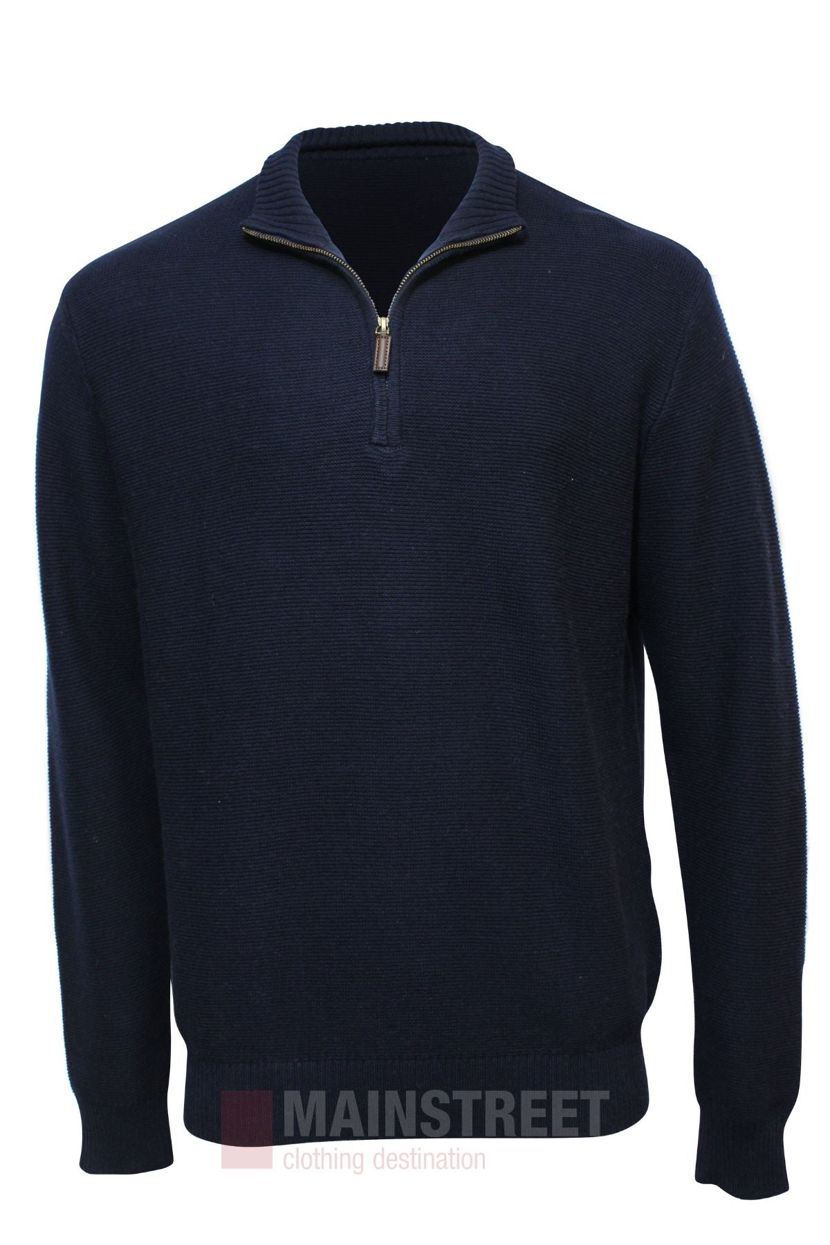 The Bridgeport Wool Blend Half Zip Knit is a navy blue, long-sleeved smart-casual sweater featuring a ribbed collar, cuffs, and hem, shown against a plain white background.