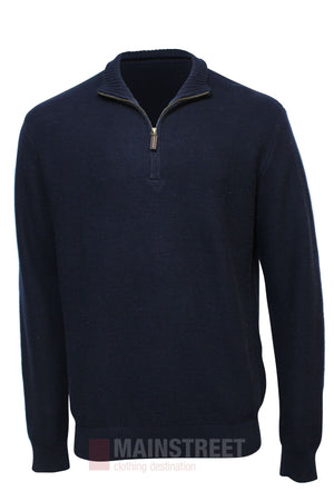 The Bridgeport Wool Blend Half Zip Knit is a navy blue, long-sleeved smart-casual sweater featuring a ribbed collar, cuffs, and hem, shown against a plain white background.