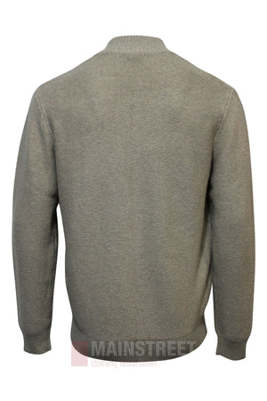 A back view of the Bridgeport Wool Blend Half Zip Knit in light gray, featuring long sleeves and ribbed collar, cuffs, and hem. Perfect for smart-casual outfits, shown on a white background.