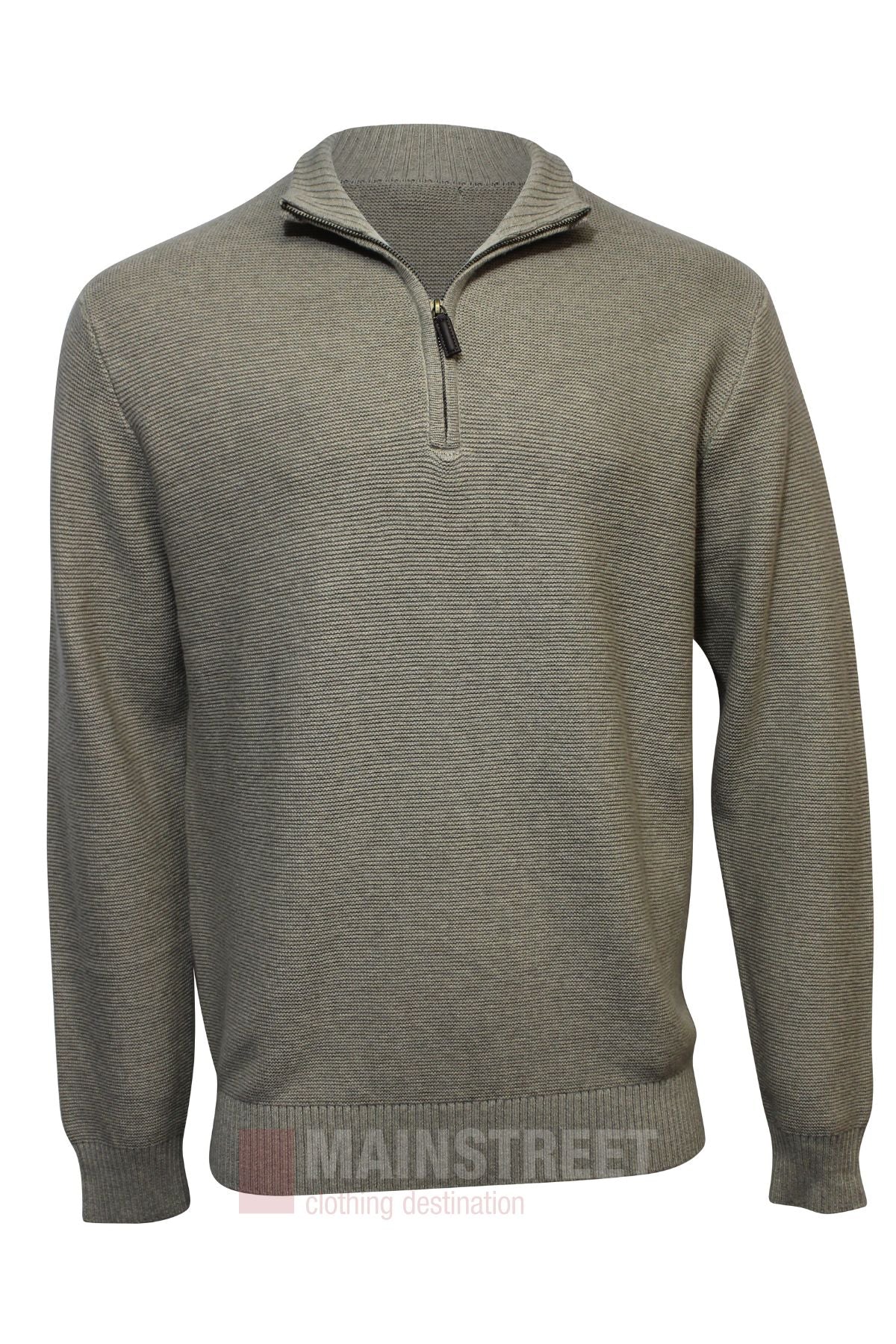 The Bridgeport Wool Blend Half Zip Knit is a light gray long-sleeve sweater with a half-zip collar and ribbed cuffs and hem, ideal for smart-casual looks. Displayed on a plain white background.