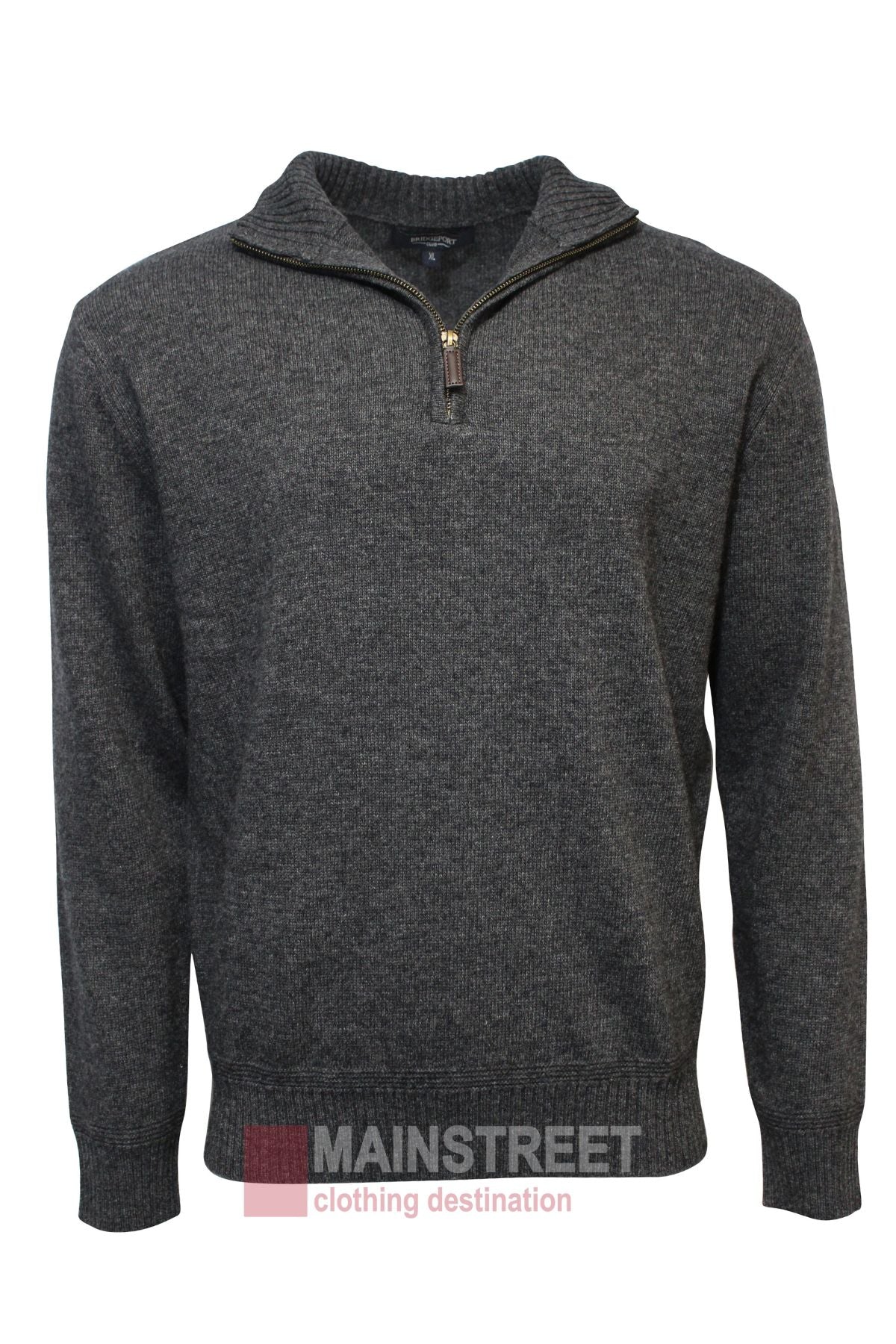 The Bridgeport Wool Rich Half Zip Knit is a dark gray pullover sweater with long sleeves and a half-zip collar, ideal for a modern wardrobe. Shown on a plain white background with the Mainstreet Clothing Destination logo below.