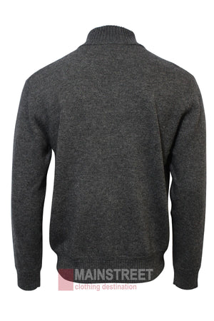 The Bridgeport Wool Rich Half Zip Knit is shown from the back in dark gray with ribbed cuffs, waistband, and collar. The white background features the MAINSTREET Clothing Destination logo at the bottom.