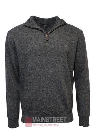 The Bridgeport Wool Rich Half Zip Knit is a dark gray pullover sweater with long sleeves and a half-zip collar, ideal for a modern wardrobe. Shown on a plain white background with the Mainstreet Clothing Destination logo below.