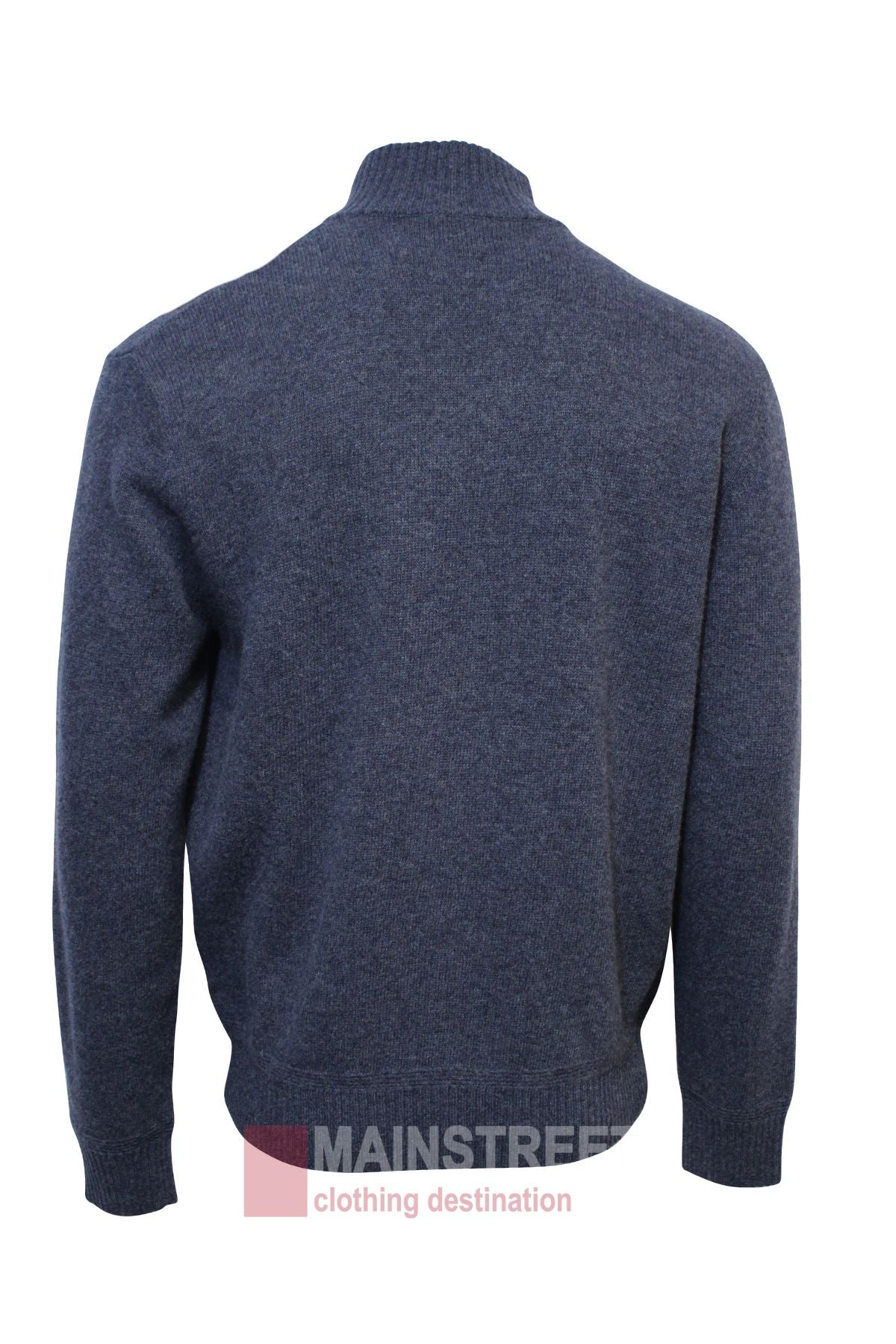 A blue, long-sleeve Bridgeport Wool Rich Half Zip Knit sweater shown from the back with a ribbed collar, cuffs, and hem. Made from a premium wool blend for versatile layering. The Mainstreet Clothing Destination logo is partially visible.