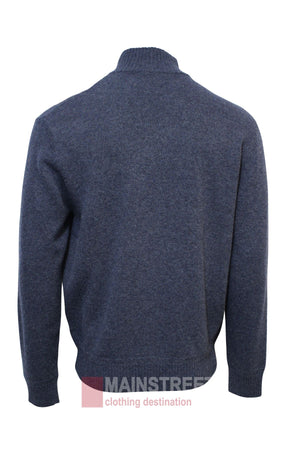 A blue, long-sleeve Bridgeport Wool Rich Half Zip Knit sweater shown from the back with a ribbed collar, cuffs, and hem. Made from a premium wool blend for versatile layering. The Mainstreet Clothing Destination logo is partially visible.