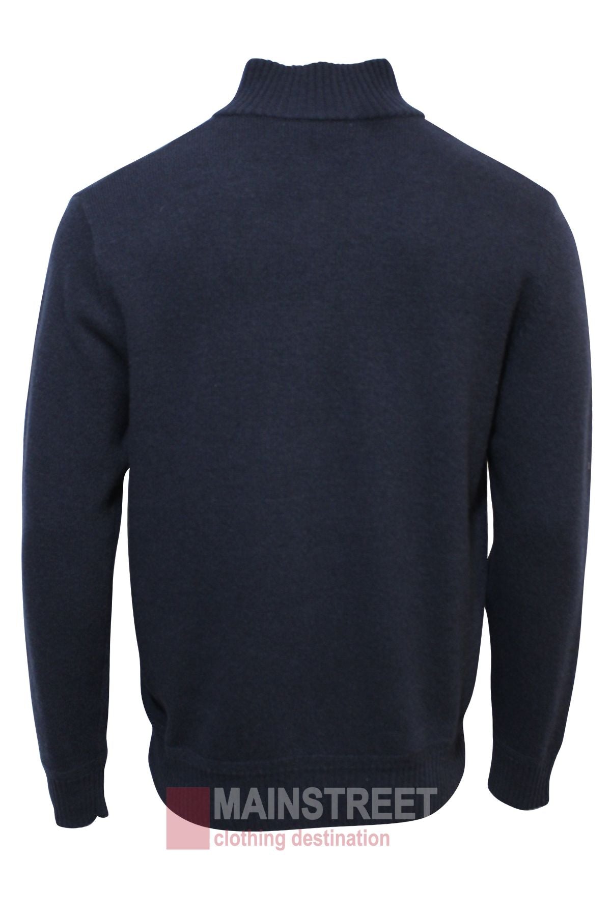 The Bridgeport Wool Rich Half Zip Knit in navy blue, shown from the back on a white background, features long sleeves, a high collar, and ribbed cuffs and hem. MAINSTREET clothing destination logo appears at the bottom of the image.