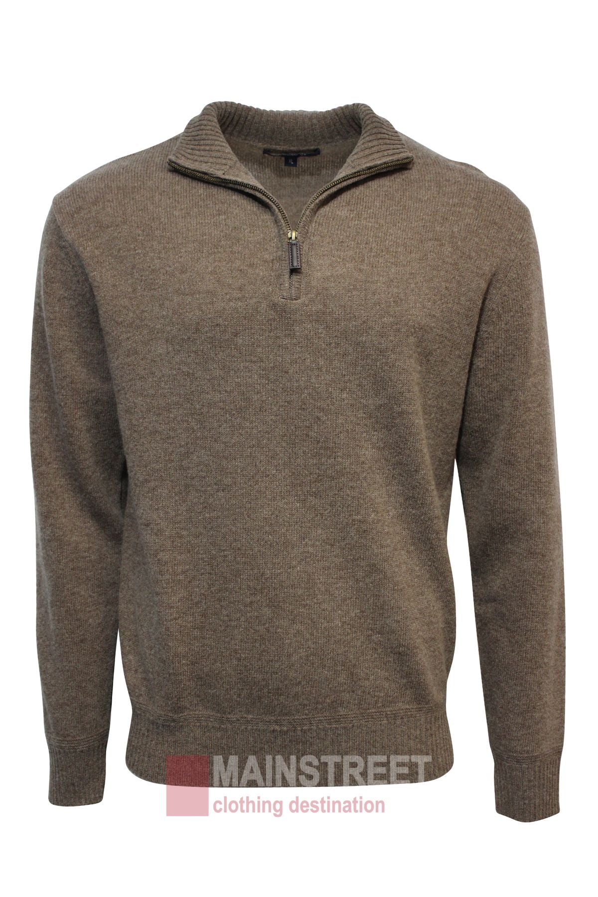 A Bridgeport Wool Rich Half Zip Knit sweater in brown with long sleeves, ribbed collar, cuffs, and hem. Crafted from a premium wool blend and shown on a white background with the MAINSTREET clothing destination logo at the bottom.